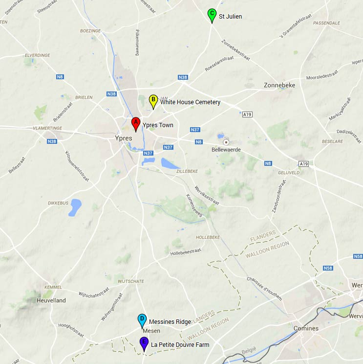 Map of relevant locations around Ypres