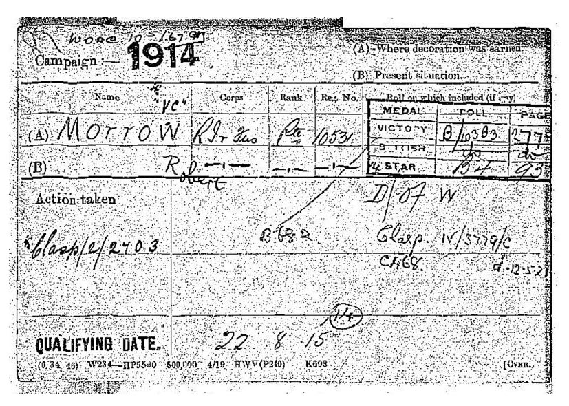 Private Robert Morrow V.C.'s medal card