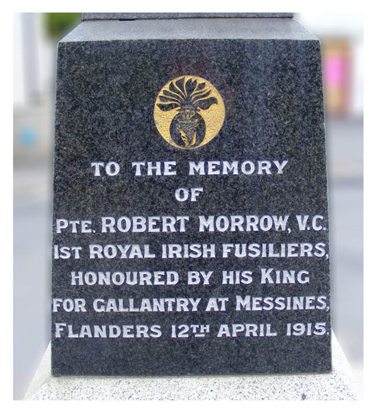 Inscrption on the Memorial to Private Robert Morrow VC in Newmills Village