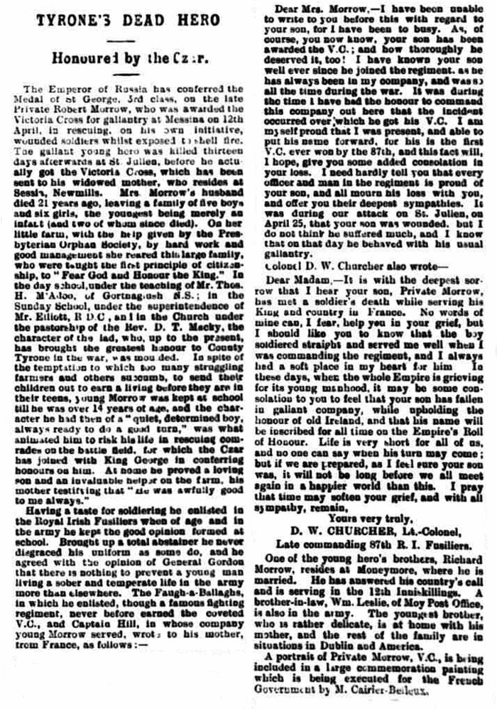 Mid Ulster Mail dated 28th August 1915: Tyrone’s Dead Hero – Honoured by the Czar